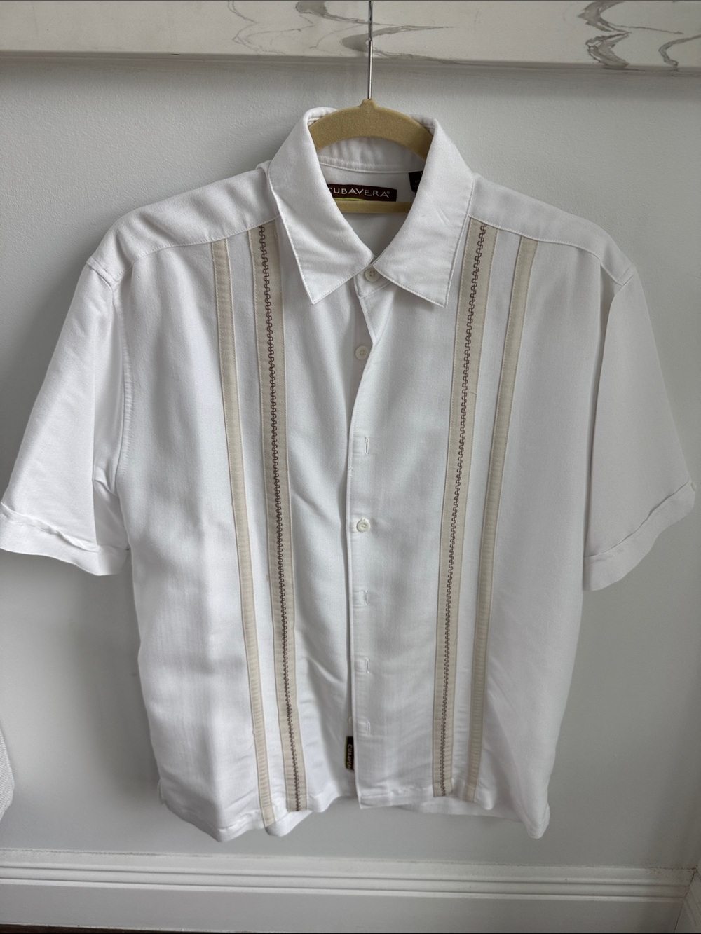Cubavera White Short-Sleeve Button Shirt with Tan Stripe Panels